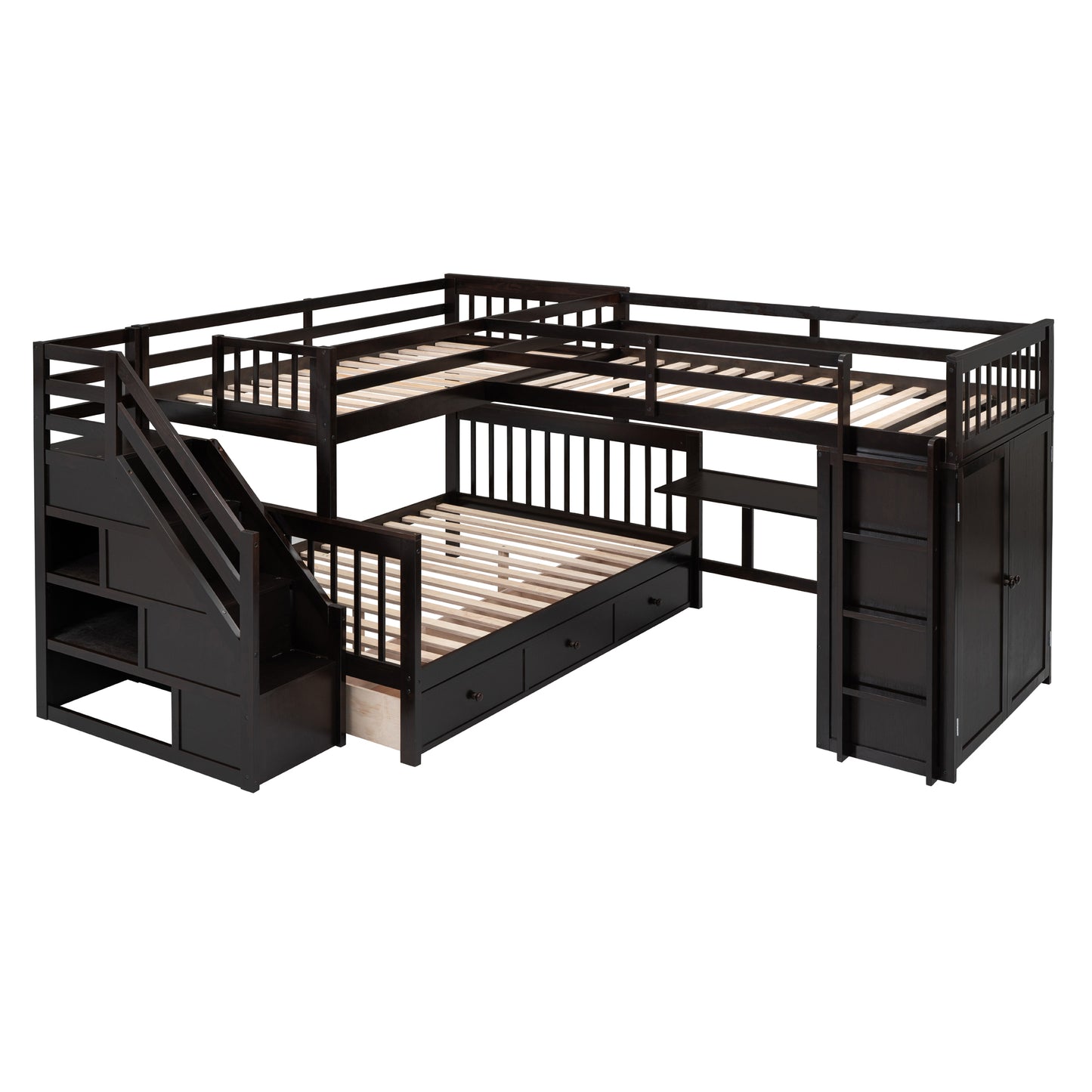 Espresso L-Shaped Bunk Bed with Storage Drawers, Desk, Wardrobe and Maximized Space