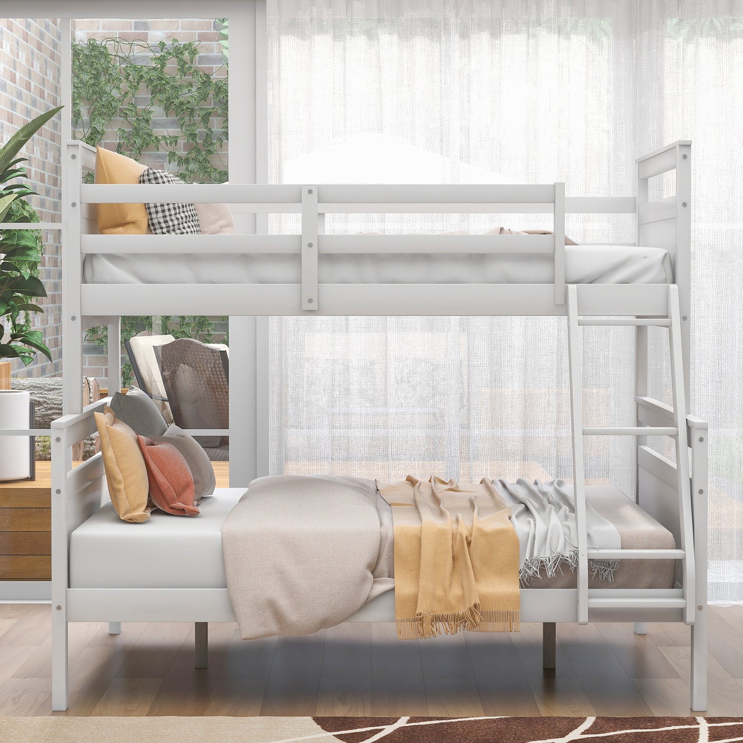 Elegant White Twin over Full Bunk Bed with Safety Guardrail and Ladder