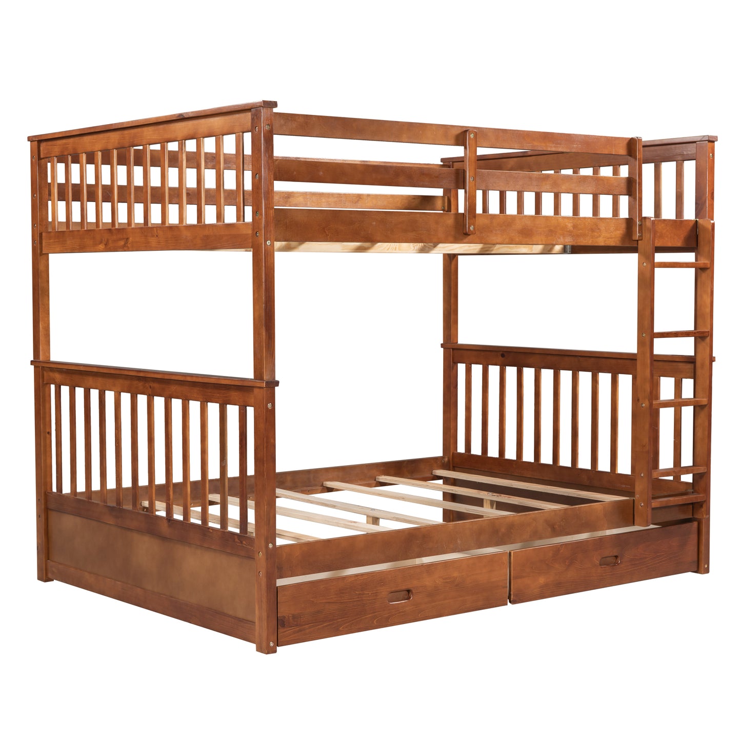 Full-Over-Full Walnut Bunk Bed with Two Storage Drawers and Ladder