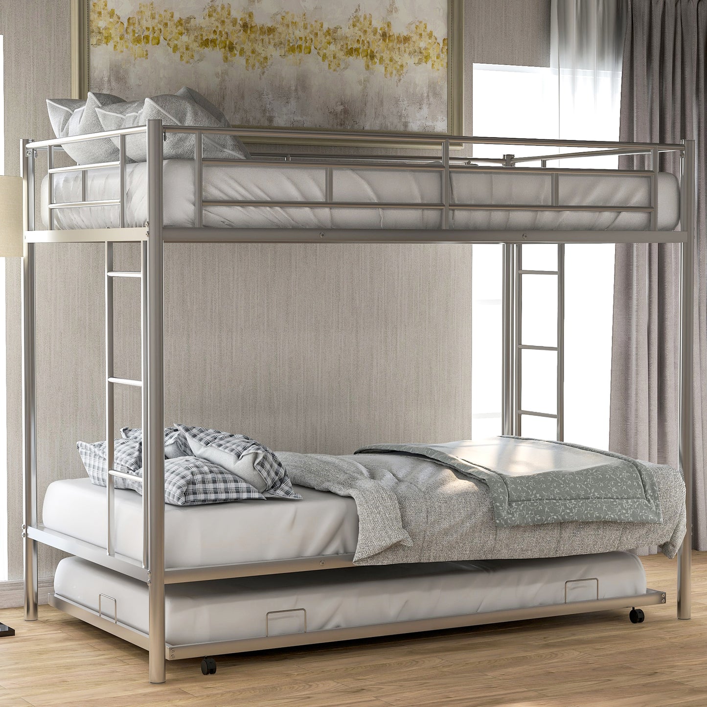 Silver Metal Twin Bunk Bed with Trundle - Smart Space-Saving Solution