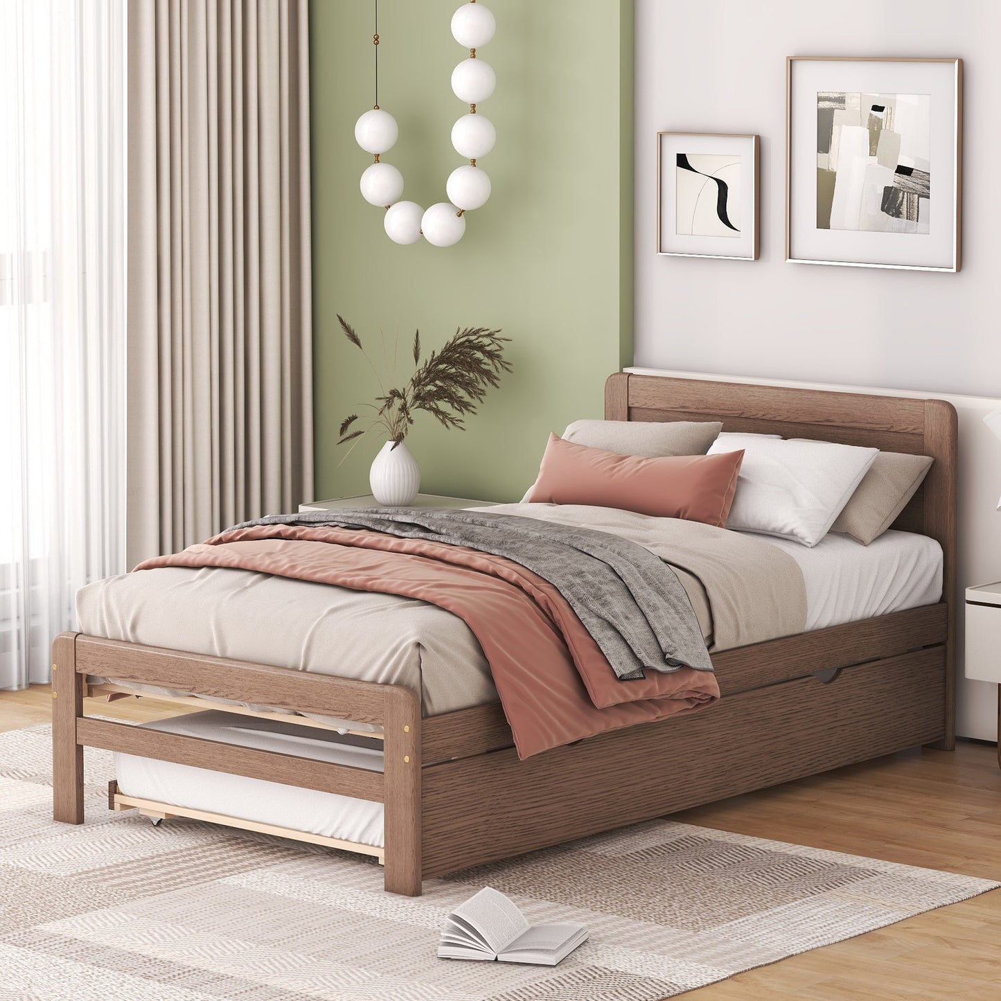 Modern Design Wooden Twin Size Platform Bed Frame with Trundle for Walnut Color