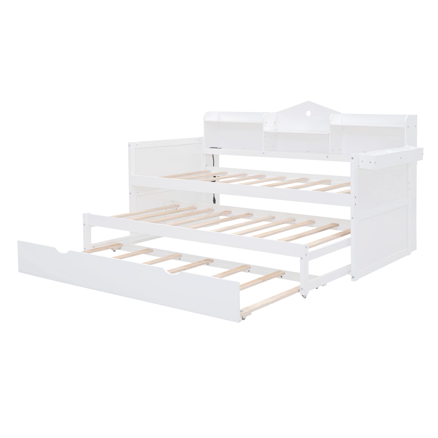 Twin XL Wooden Daybed with 2 Twin Trundles and Storage Shelf, Daybed with USB Charging Ports, No Box-spring Needed, White