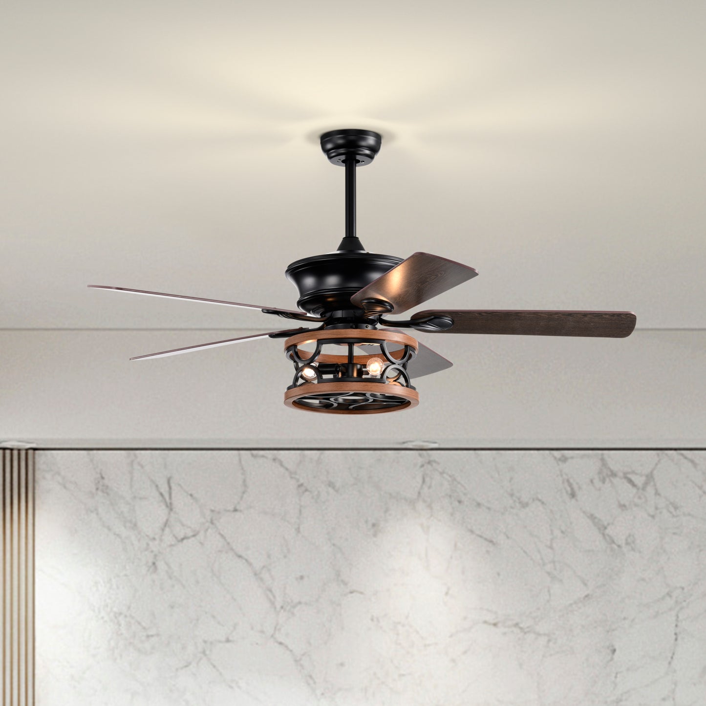 Farmhouse Ceiling Fan with Reversible Airflow, Remote Control, and Caged Light Fixture