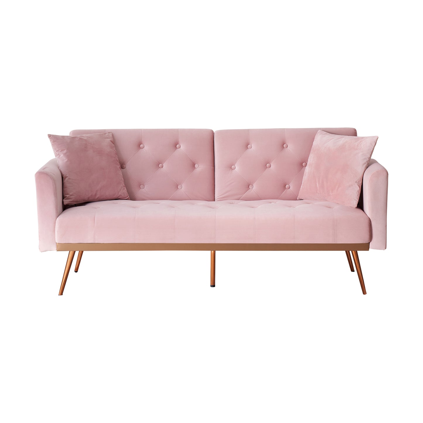 Elegant Pink Velvet Sofa Bed with Nail Head Accents and Throw Pillow