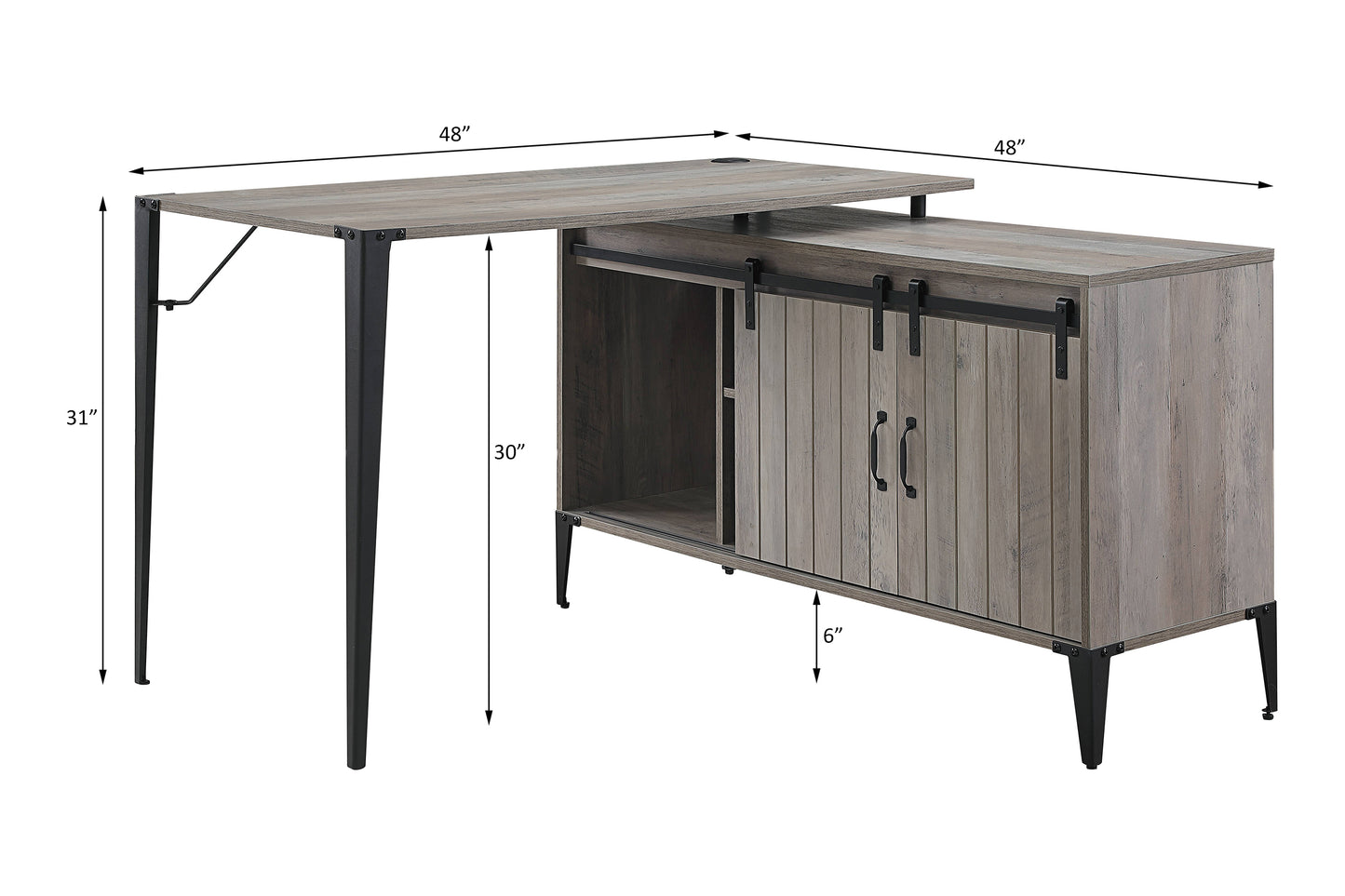 Zakwani L-Shaped Industrial Writing Desk with Storage Cabinet in Gray Oak & Black Finish