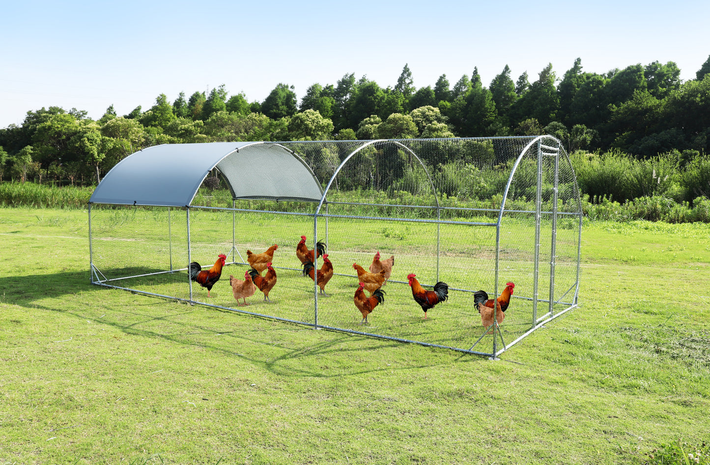 Large metal chicken coop upgrade three support steel wire impregnated plastic net cage, Oxford cloth silver plated waterproof UV protection, duck rabbit sheep bird outdoor house 9.2'W x 18.7'L x 6.5'H