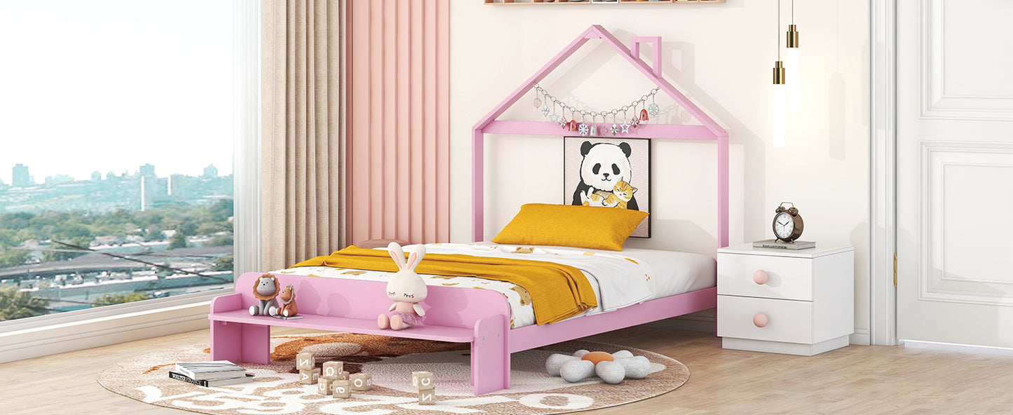 Full Size Wood Platform Bed with House-shaped Headboard and Footboard Bench,Pink