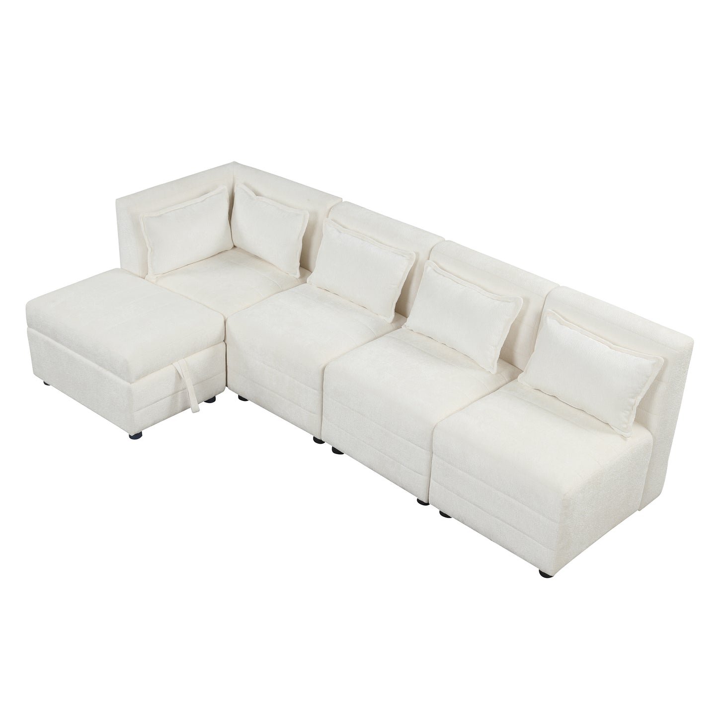 Cream 5-Seater Modular Sectional Sofa with Storage Ottoman and 5 Pillows