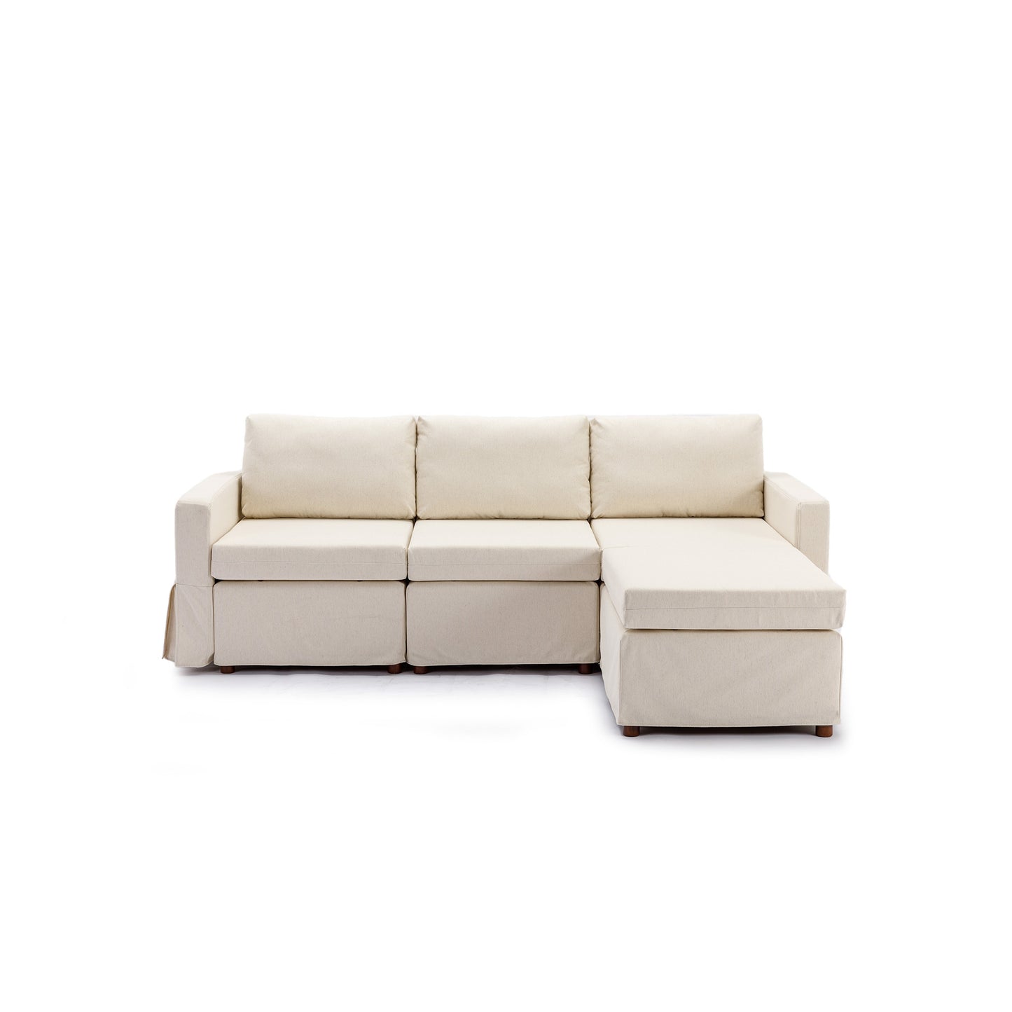 Cream Linen 3-Seat Modular Sectional Sofa Set with Ottoman