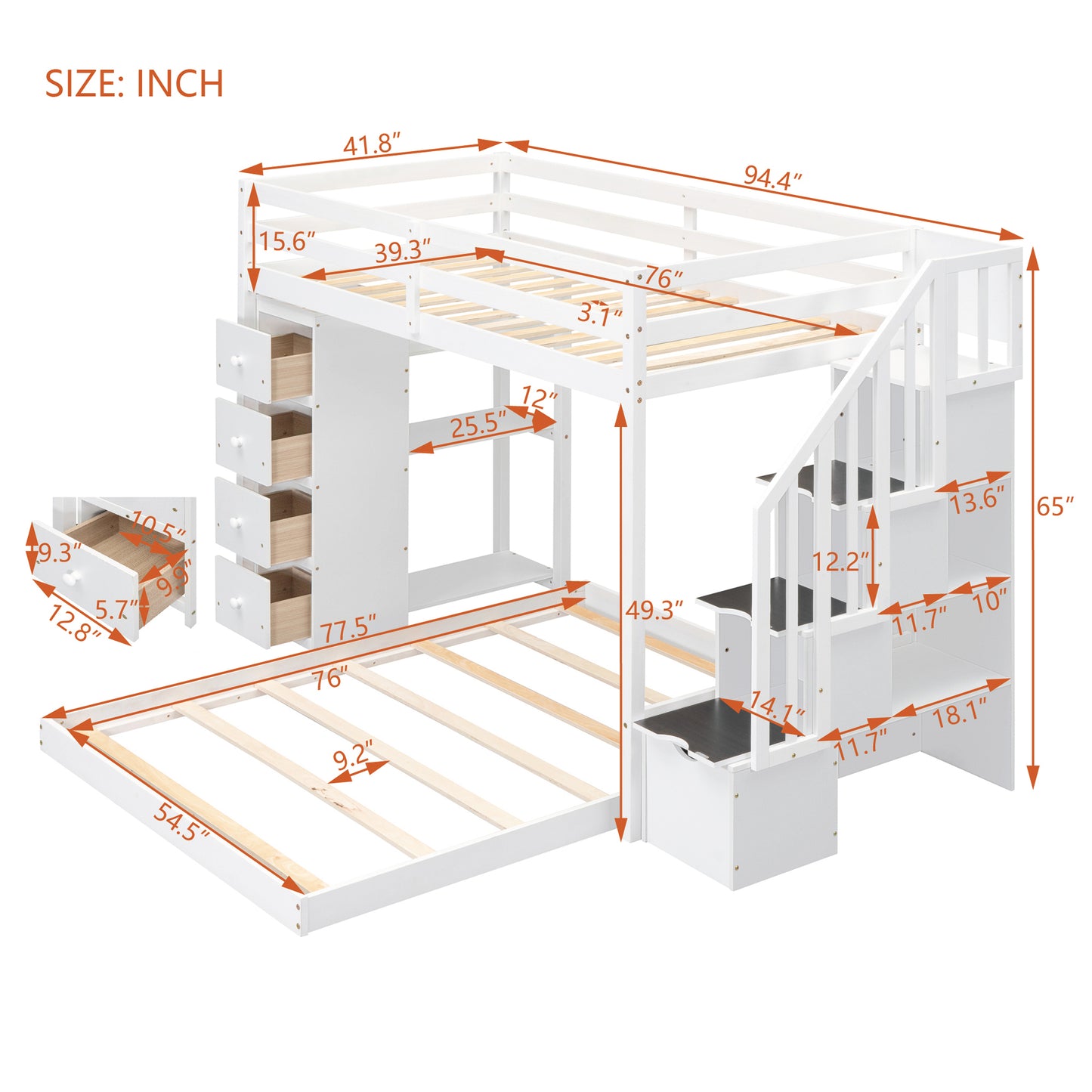 White Twin Over Full Bunk Bed with Storage Stairs & Drawers for Space-Saving Solution