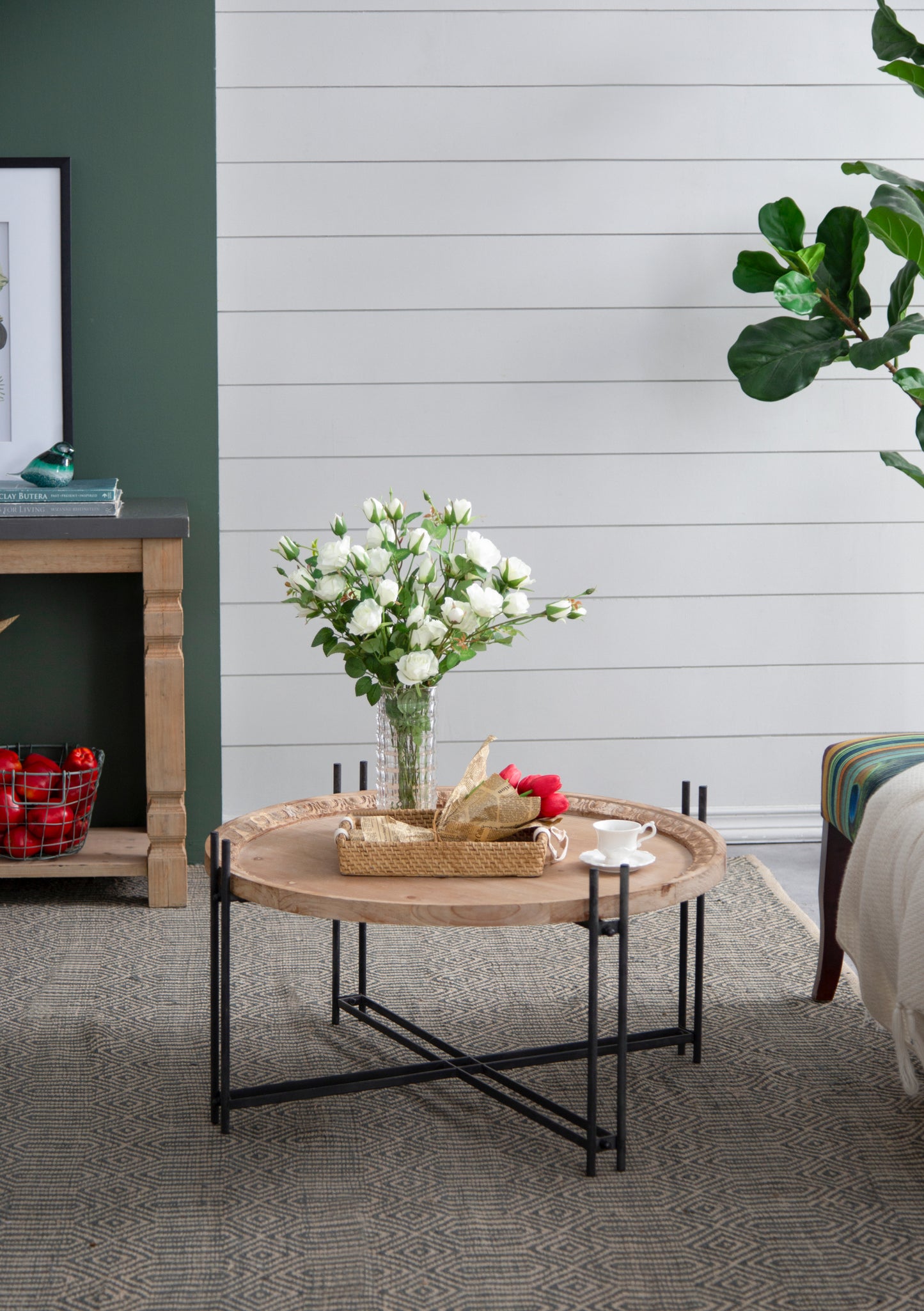 Round Wooden Coffee Table with Modern Metal Legs