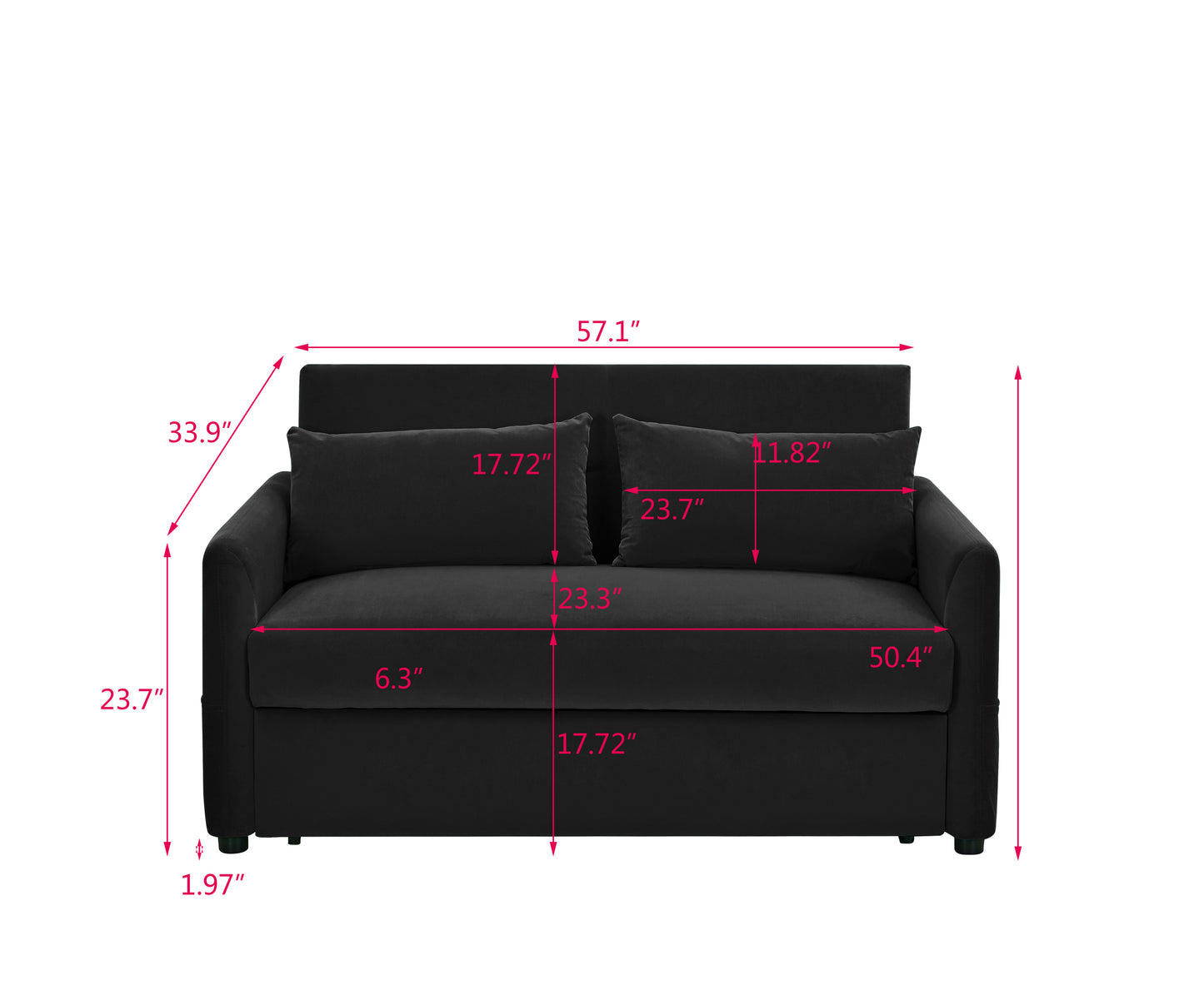 Convertible Black Love Seat Sofa with Adjustable Backrest and Comfortable Fabric Fill