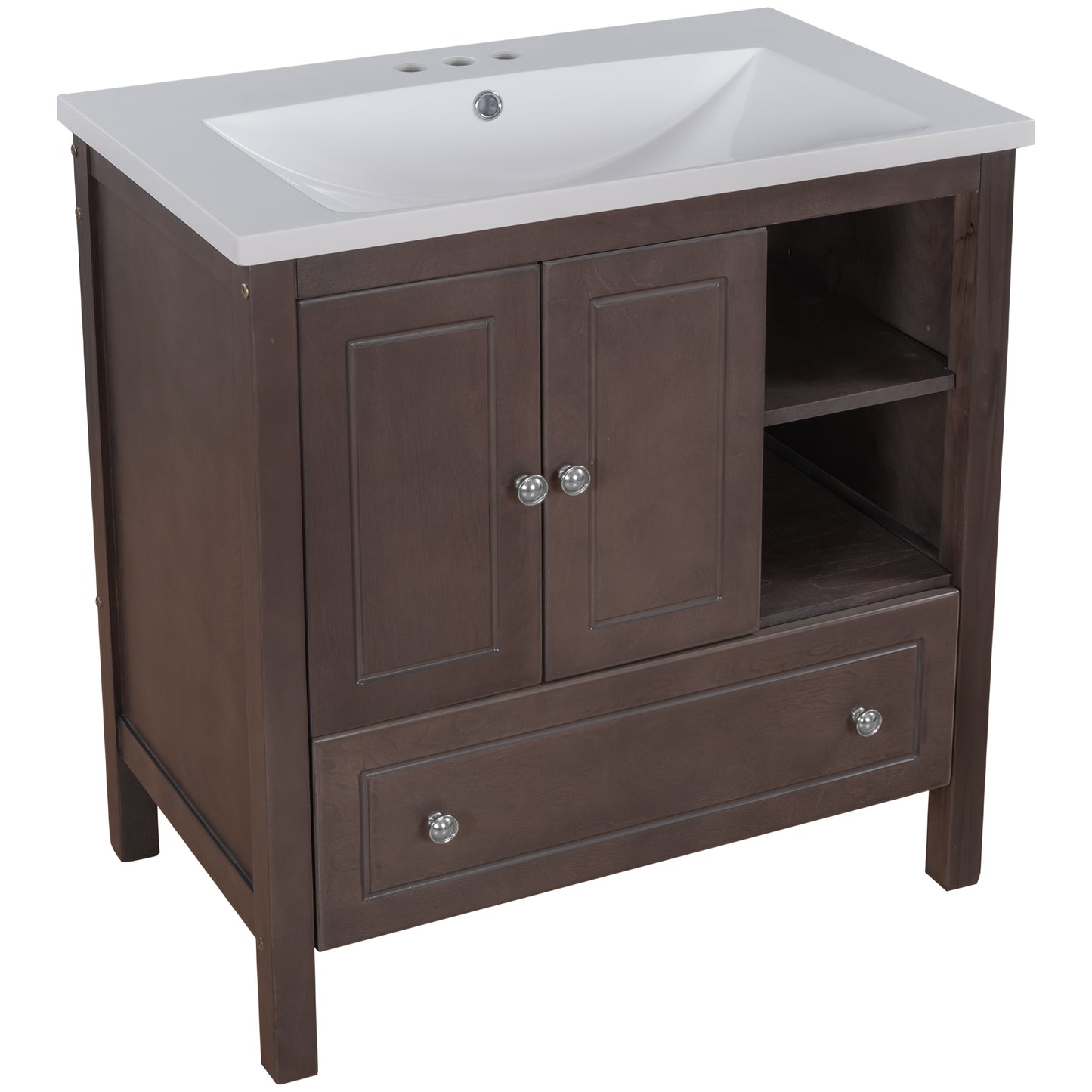 30" Bathroom Vanity with Sink, Bathroom Storage Cabinet with Doors and Drawers, Solid Wood Frame, Ceramic Sink, Brown