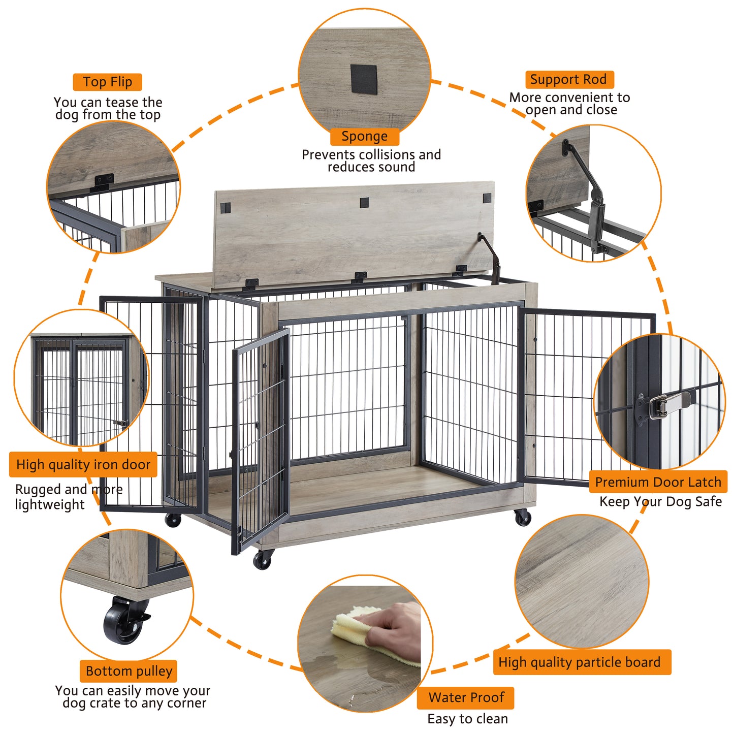 Furniture Style Dog Crate Side Table on Wheels with Double Doors and Lift Top.（Grey,38.58’’w x 25.5’’d x 27.36’’h）