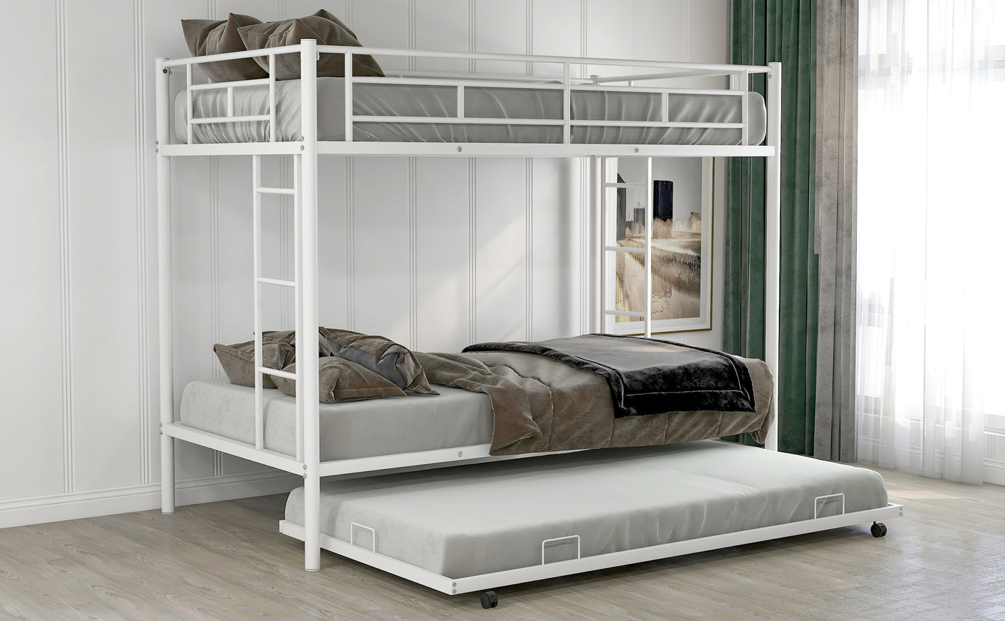 White Space-Saving Twin Bunk Bed with Trundle