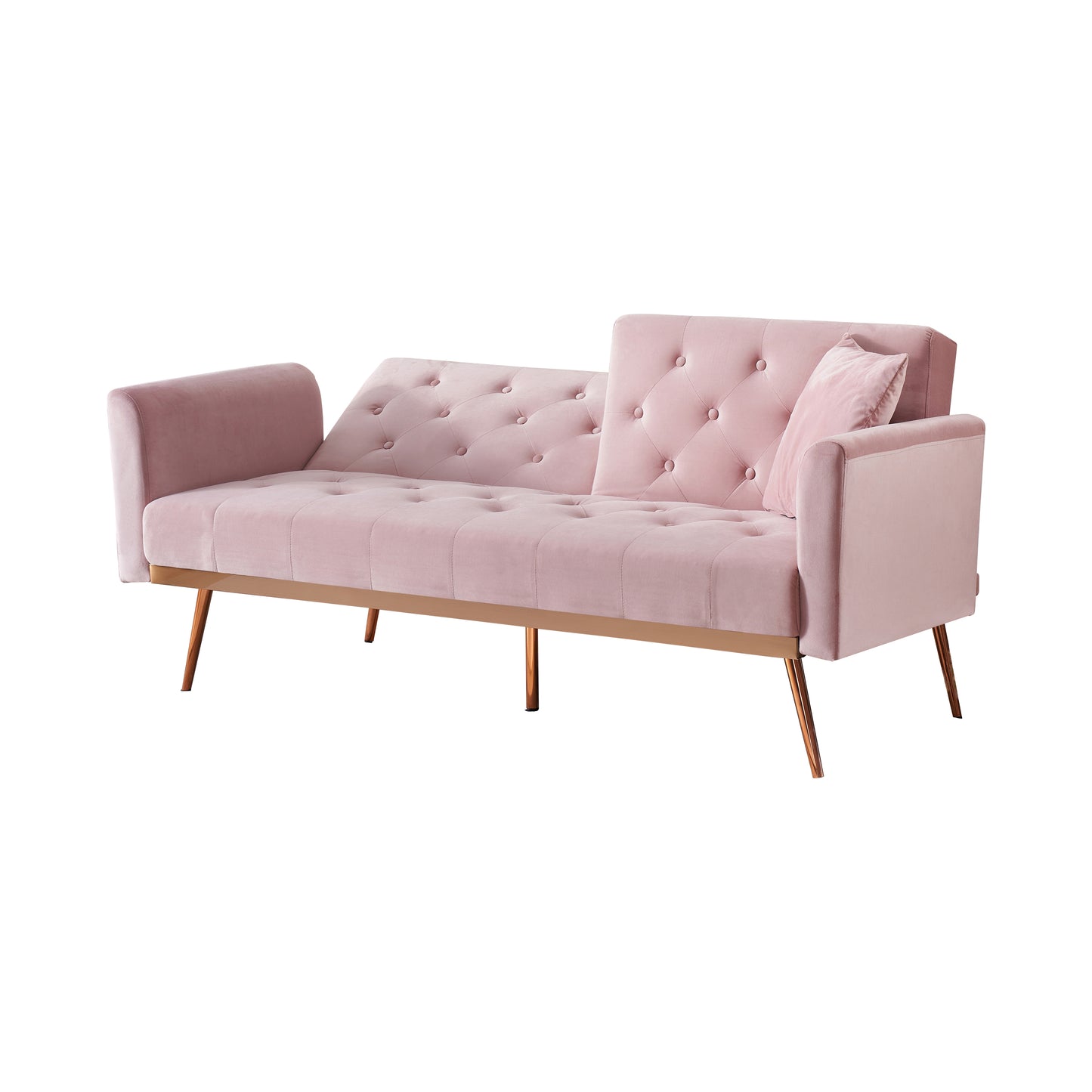 Elegant Pink Velvet Sofa Bed with Nail Head Accents and Throw Pillow