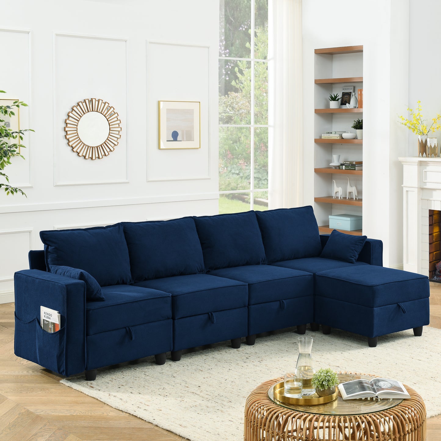 Single Seat of Module Sofa without Armrest, Navy Blue Corduroy Velvet