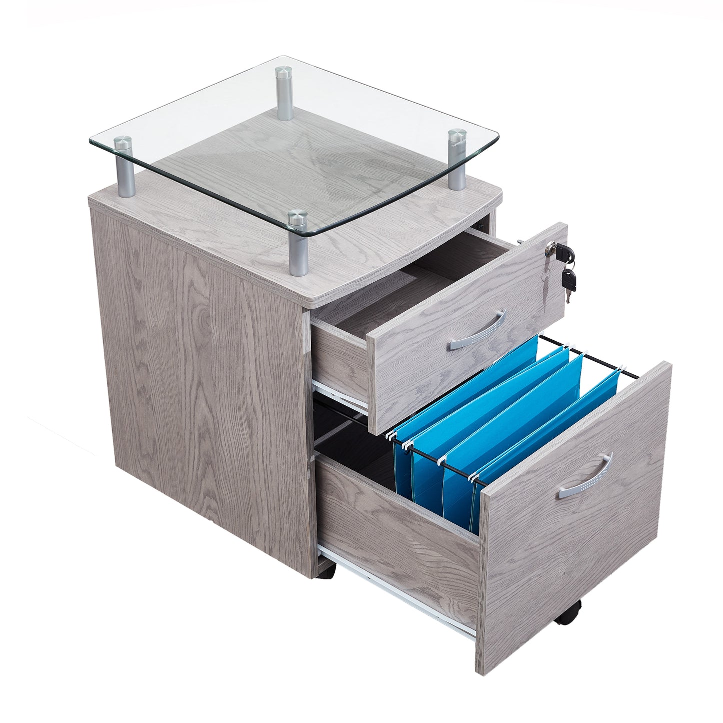 Grey Rolling File Cabinet with Glass Top