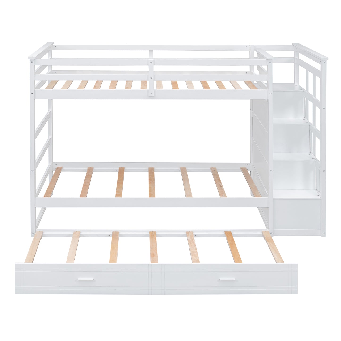 White Twin Over Twin Bunk Bed with Trundle, Staircase, and Storage Drawers