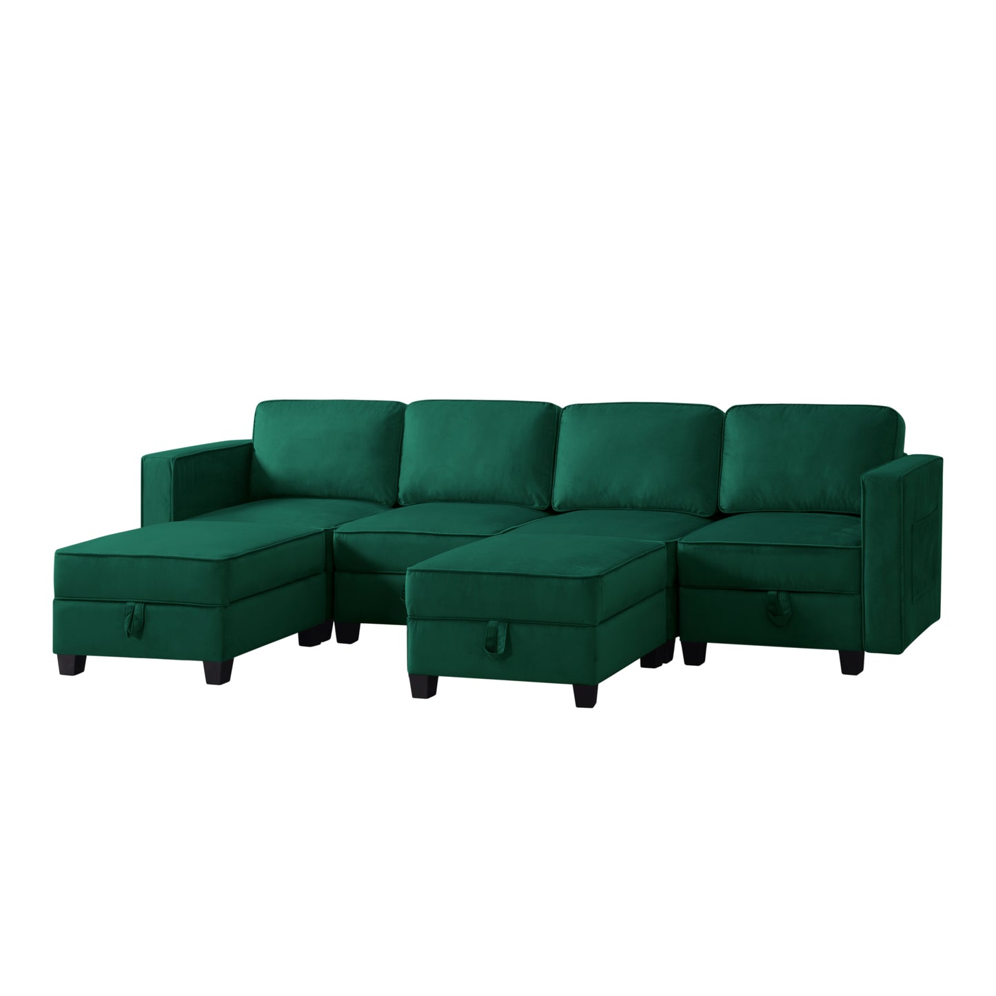 Modular Green Velvet Sectional Sofa with Ottoman and Hidden Storage