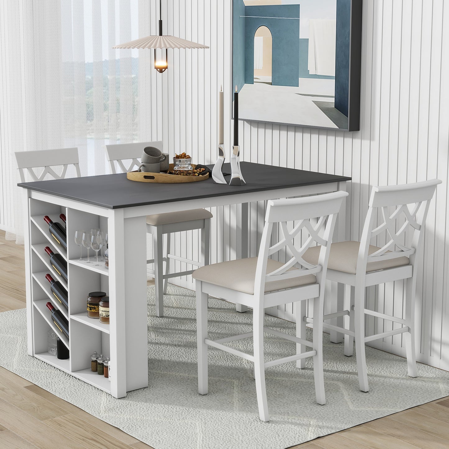 Counter Height 5-piece Solid Wood Dining Table Set, 59*35.4Inch Table with Wine Rack and 4 Upholstered Chairs, White