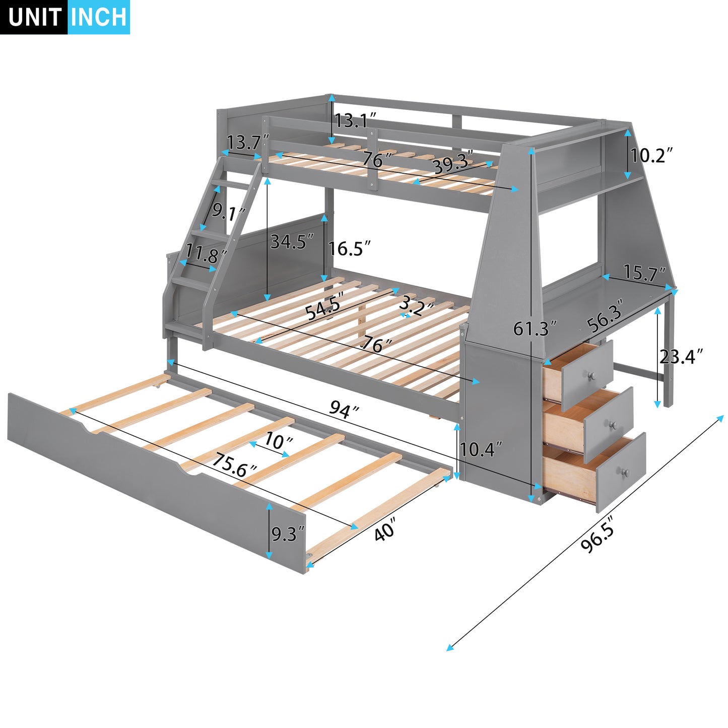 Enhanced Gray Twin over Full Bunk Bed with Trundle, Desk, and Storage