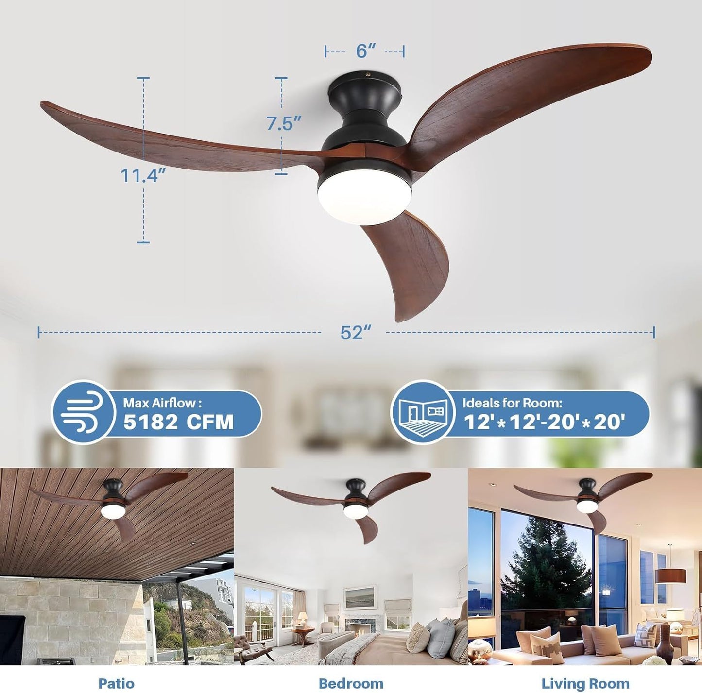 52 Inch Elegant Black Ceiling Fan with Reversible DC Motor and Solid Wood Blades