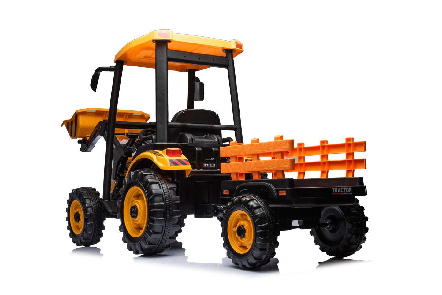 Yellow Pedal Tractor with Loader and Backhoe Digger, Electric Ride-On Car for Kids with Trailer