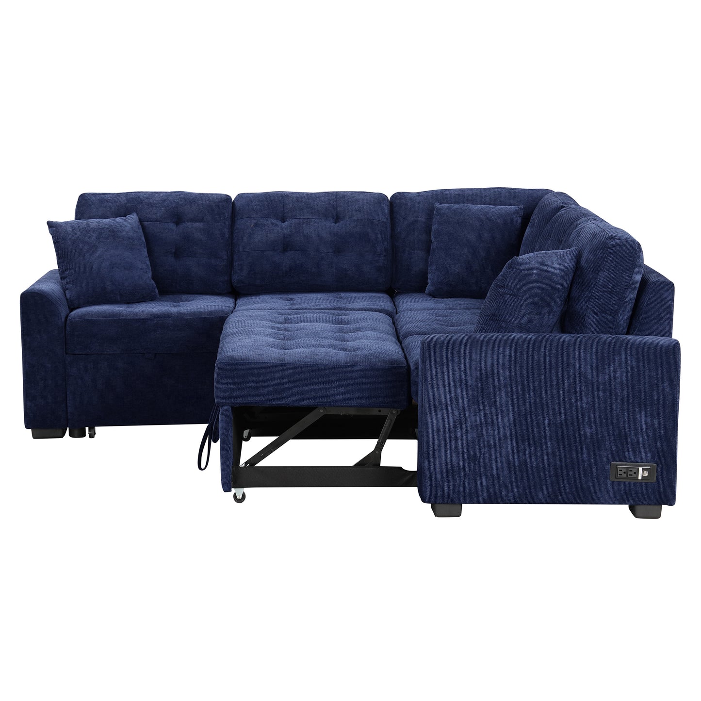 Convertible Navy Blue L-Shape Sleeper Sofa with USB Ports and Power Sockets