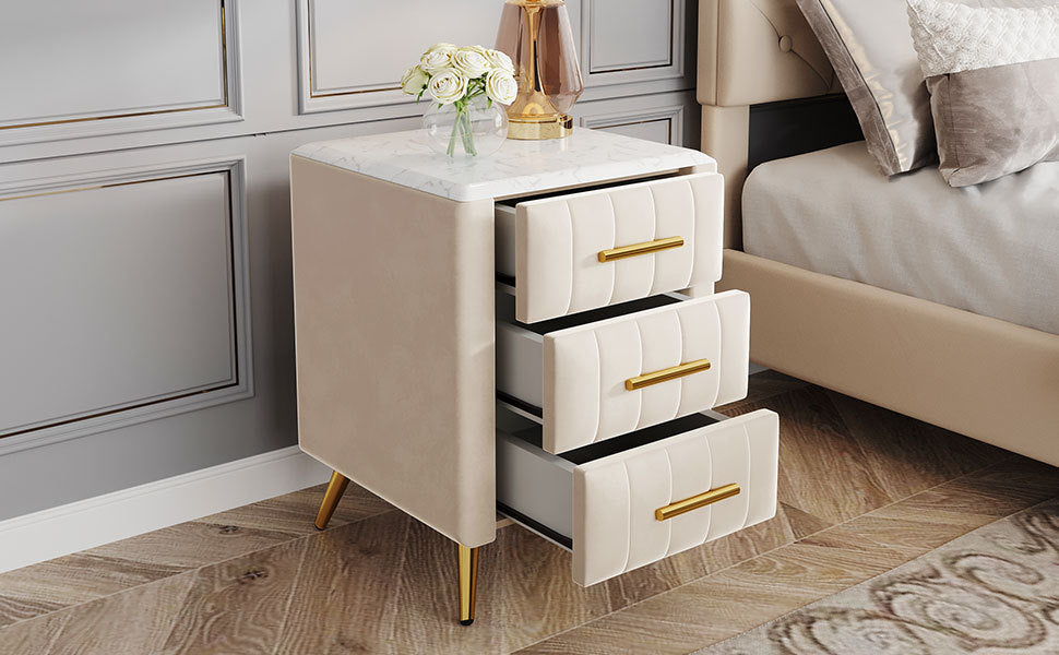 Upholstered Wooden Nightstand with 3 Drawers and Metal Legs&Handles,Fully Assembled Except Legs&Handles,Bedside Table with Marbling Worktop - Beige