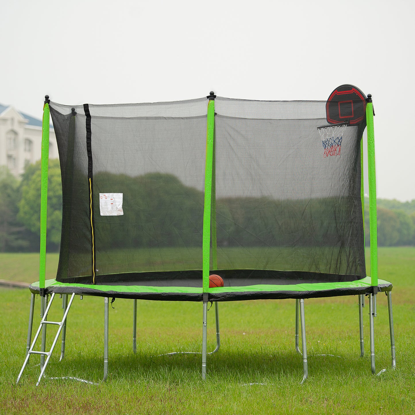 14FT  Trampoline with Basketball Hoop Inflator and Ladder(Inner Safety Enclosure) Green