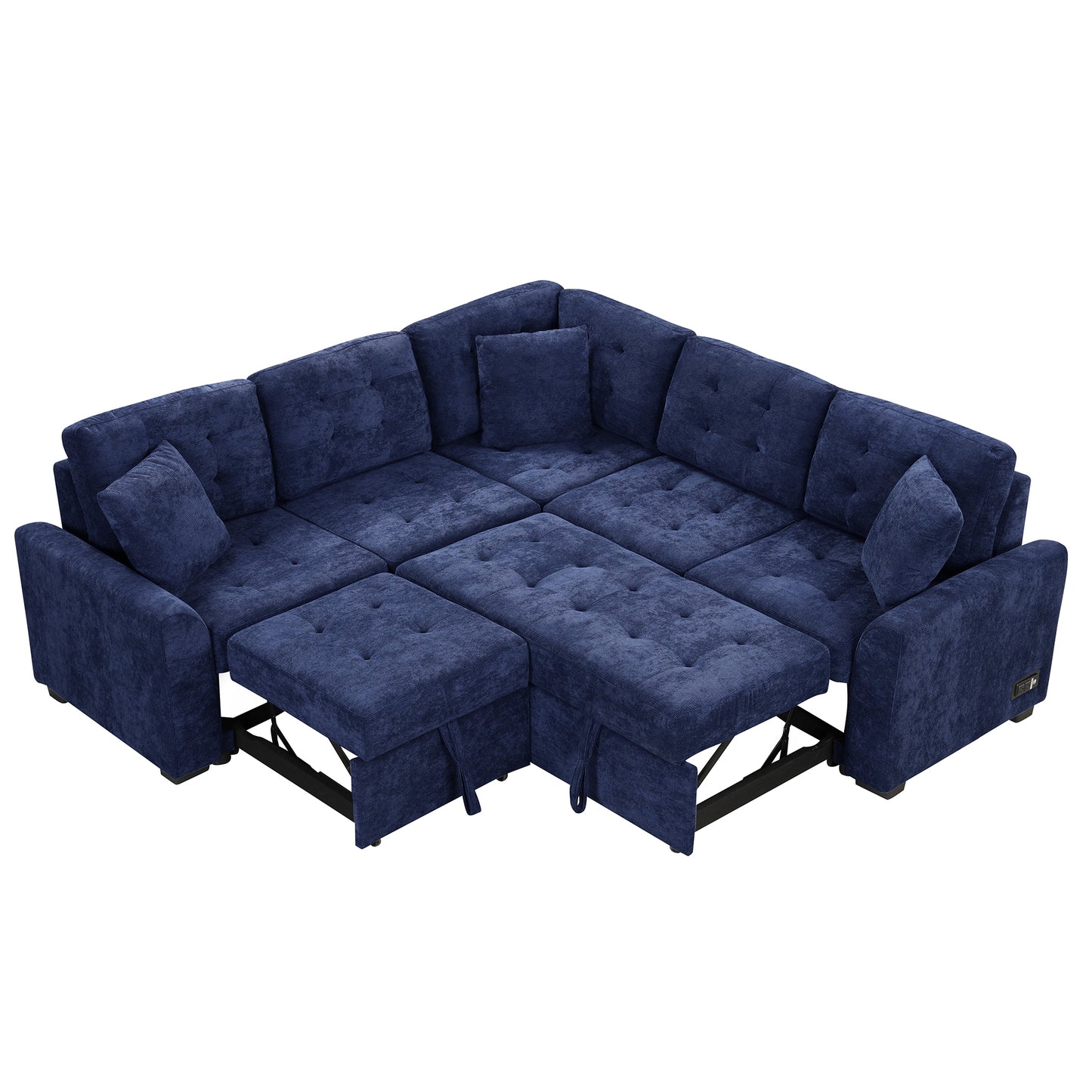 Convertible Navy Blue L-Shape Sleeper Sofa with USB Ports and Power Sockets