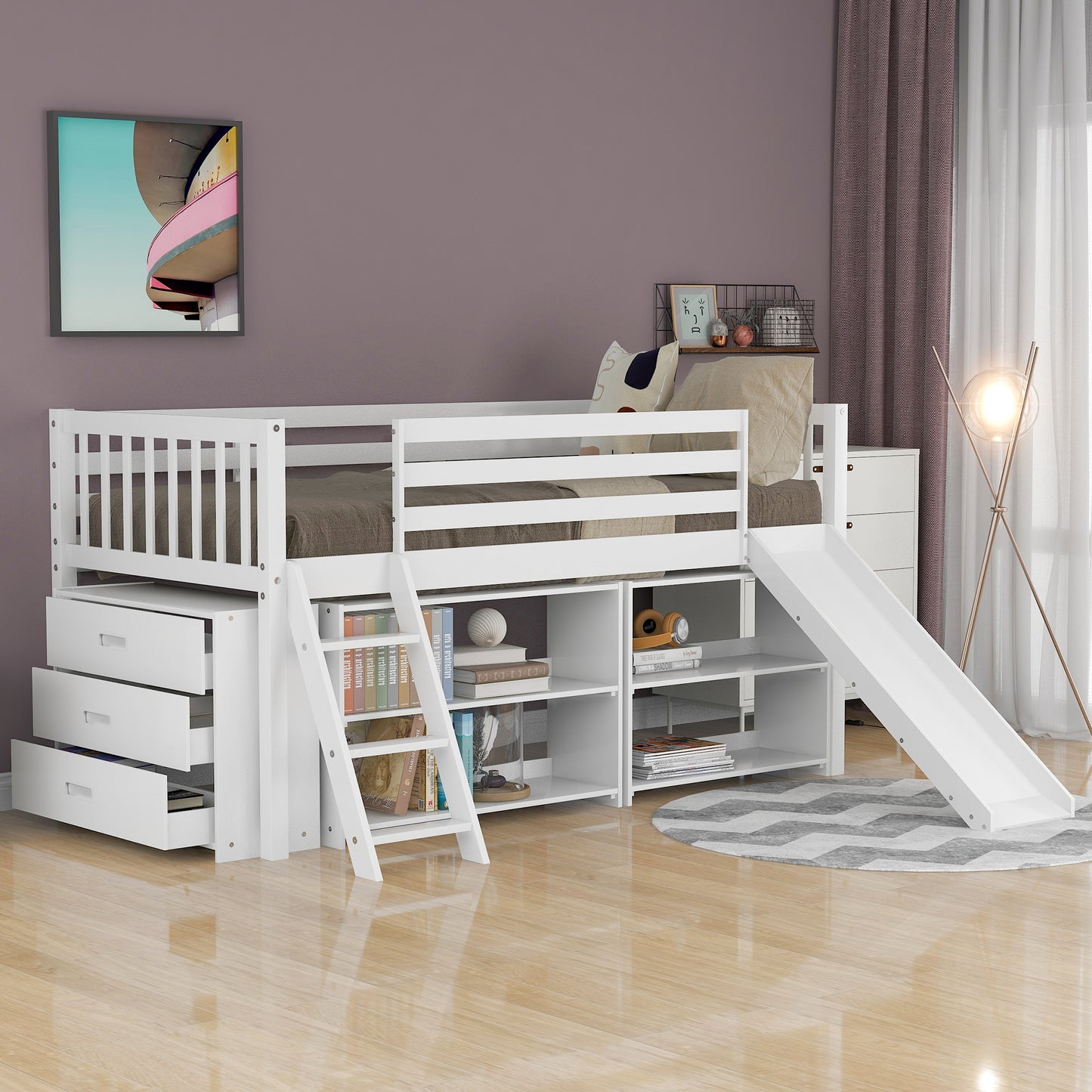 Low Loft Bed with Attached Bookcases and Separate 3-tier Drawers,Convertible Ladder and Slide,Twin,White