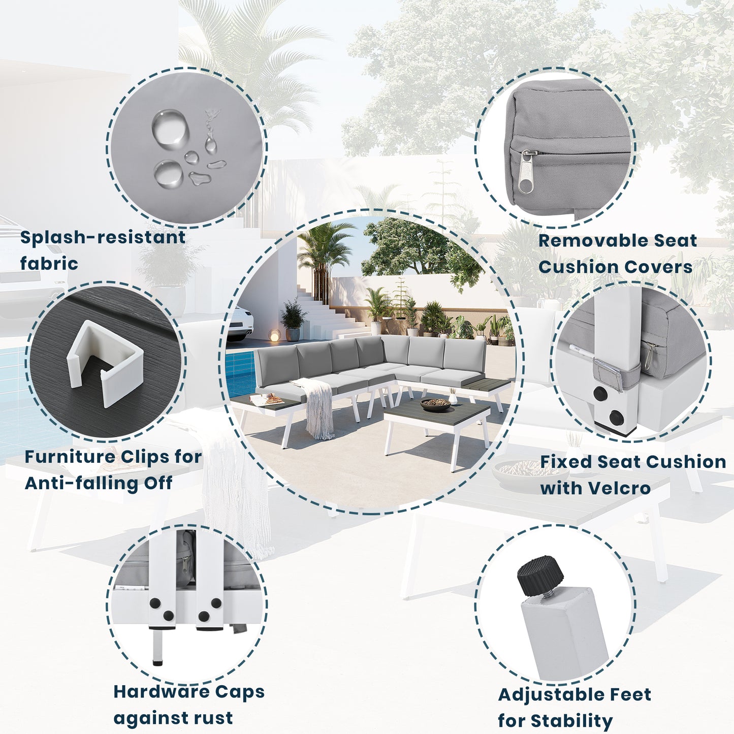 Aluminum Outdoor Patio Furniture Set with End Tables and Coffee Table, White and Grey Sectional Sofa Set