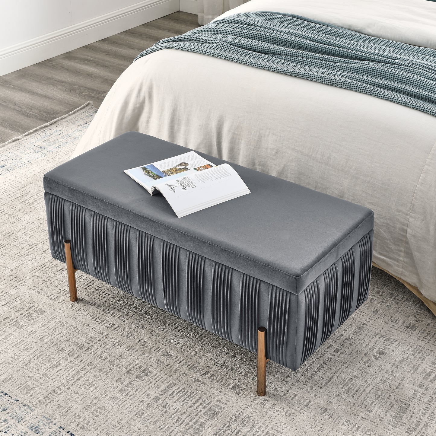 Elegant Upholstered Velvet Storage Bench with Cedar Wood Veneer, Large Storage Ottoman with Electroplate Iron Legs for Hallway Living Room Bedroom, Grey