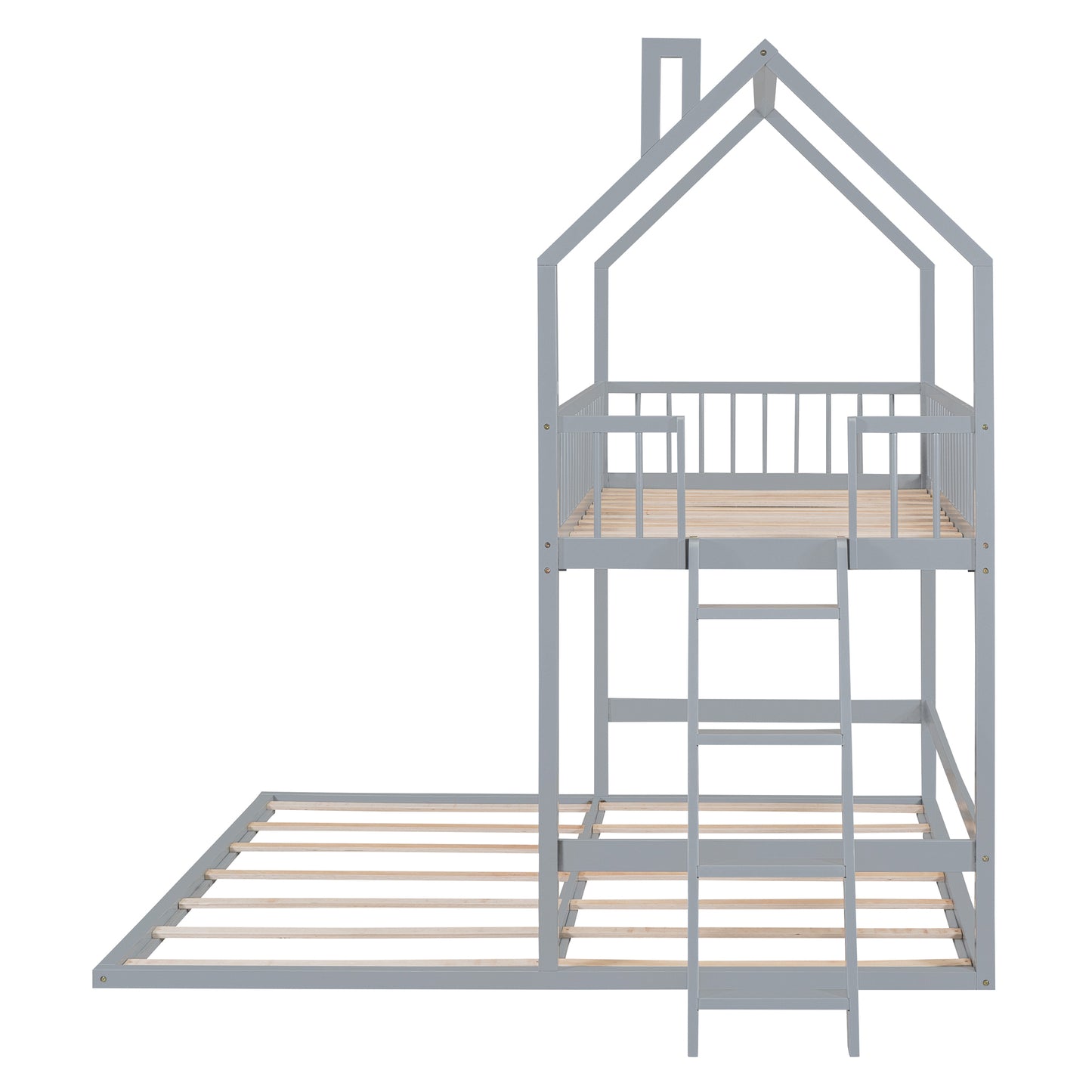 House-Shaped Twin Bunk Bed with Trundle, Ladder, and Artistic Design