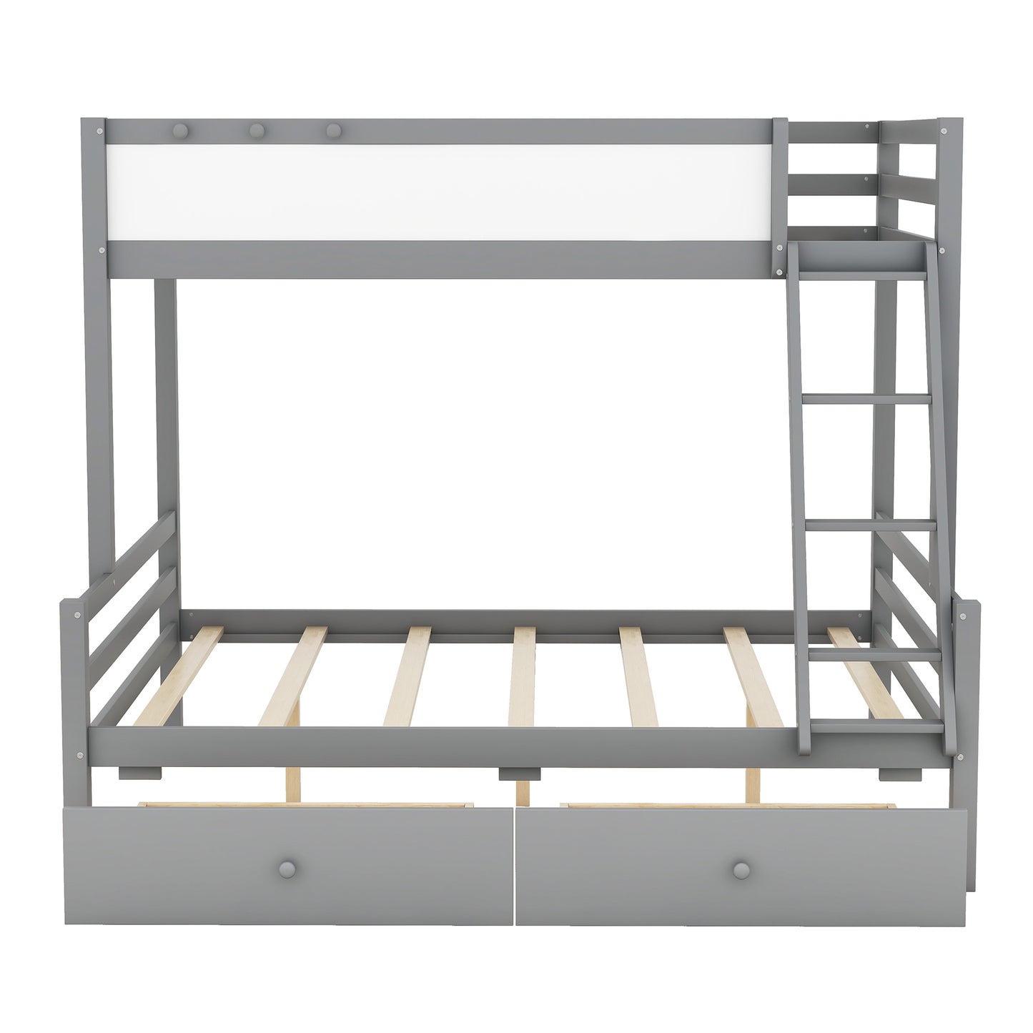 Grey Wood Twin over Full Bunk Bed with Whiteboard, 3 Hooks, and 2 Drawers - Innovative Storage Solution Twin over Full Bunk Bed