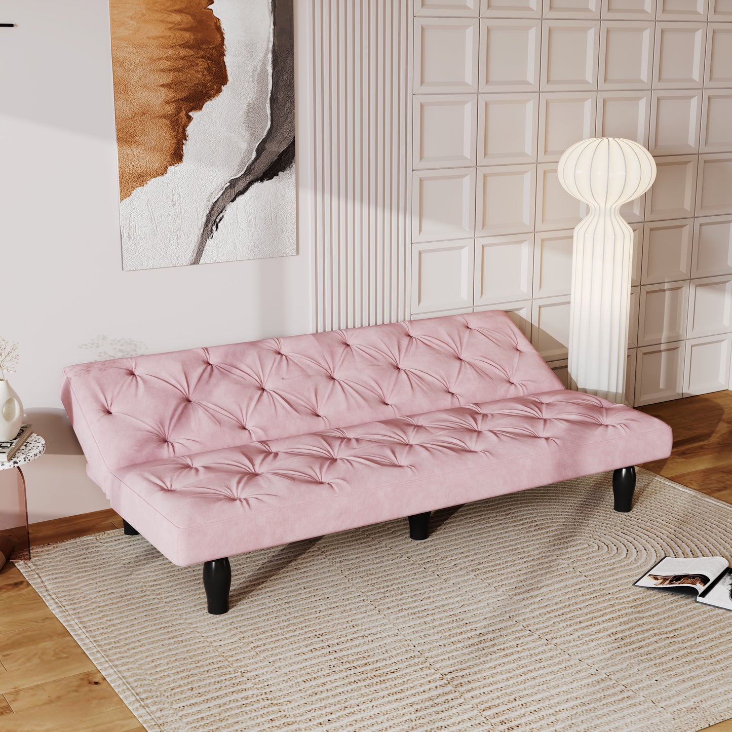 Convertible Pink Velvet Sofa Bed with Tufted Back and Adjustable Positions