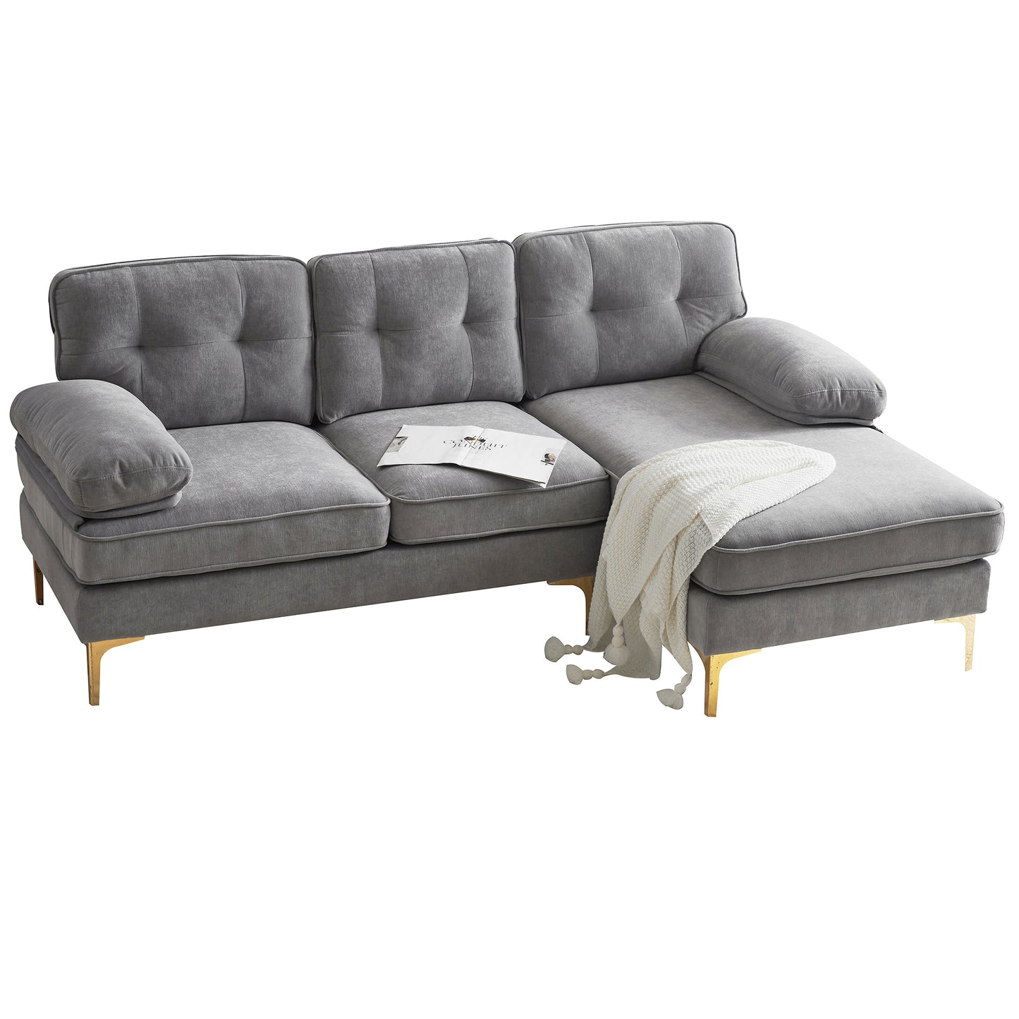 Modern Velvet L-Shaped Sectional Sofa in Light Grey