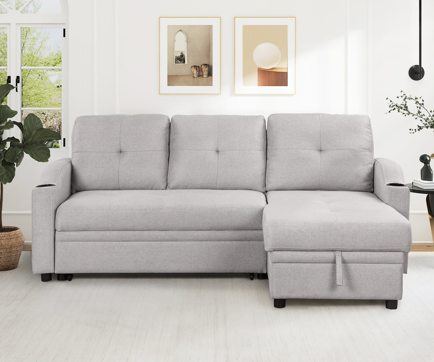 Orisfur Pull Out Sofa Bed with Storage Chaise and Cup Holder