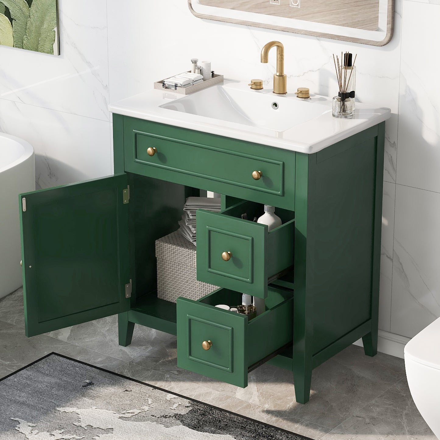 30" Bathroom Vanity with Sink Top, Bathroom Vanity Cabinet with Door and Two Drawers, Solid Wood Frame, One Package, Green