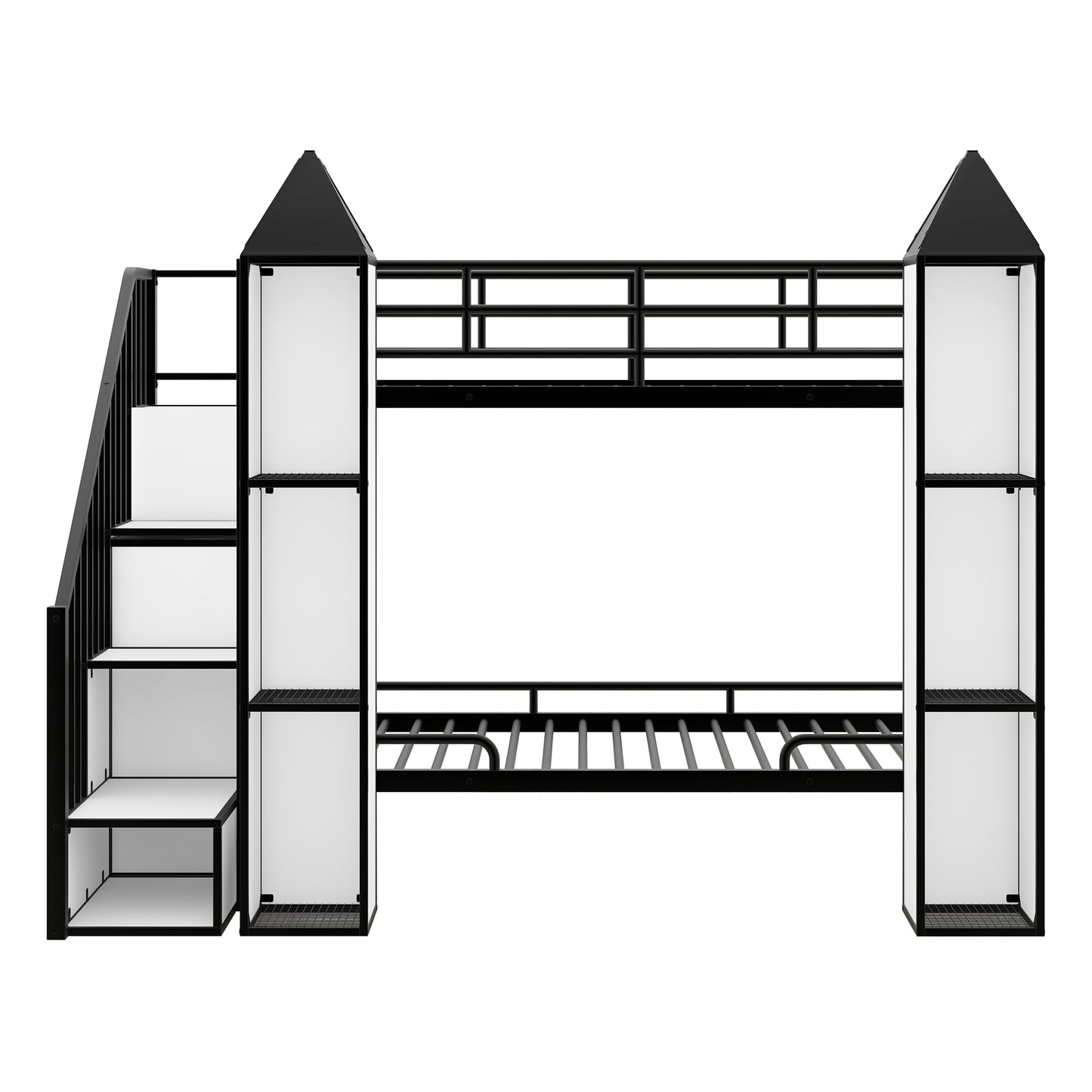 Castle-themed Metal Twin Bunk Bed with Wardrobe and Storage in Black and White Color Palette