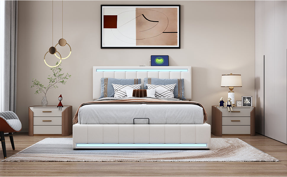 Full Size Upholstered Platform Bed with Hydraulic Storage System, LED Light, and a set of USB Ports and Sockets, Linen Fabric, Beige