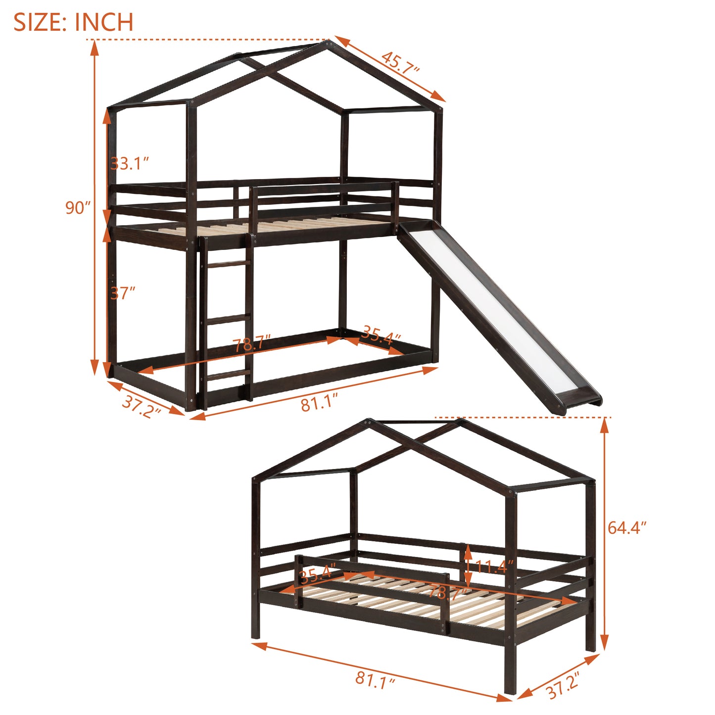 Adventurous Twin Bunk Bed with Slide, Ladder, and Roof, Espresso