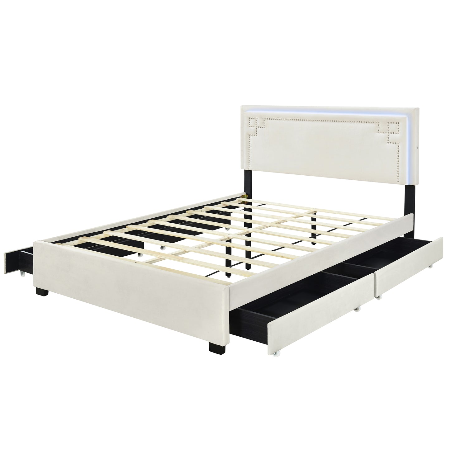 Queen Size Upholstered Platform Bed with Rivet-decorated Headboard, LED bed frame and 4 Drawers, Beige