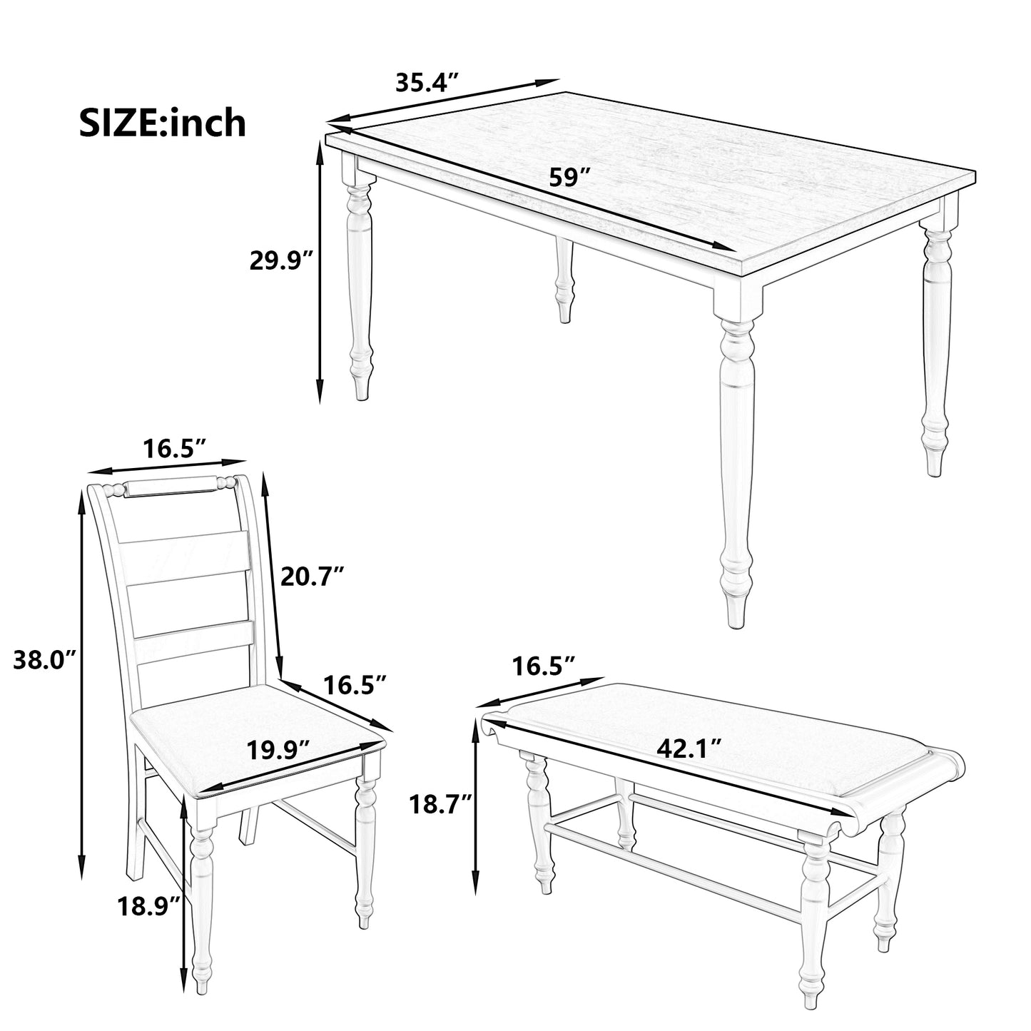 6-peice Dining Set with Turned Legs, Kitchen Table Set with Upholstered Dining Chairs and Bench,Retro Style, Natural