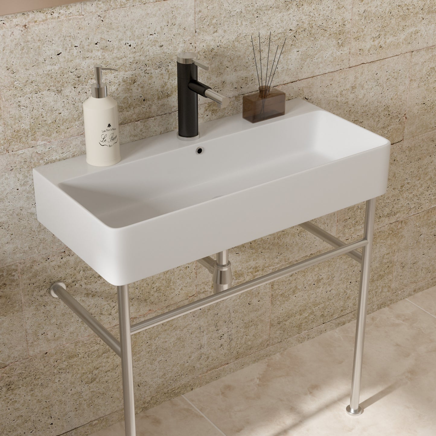 35" Bathroom Console Sink with Overflow,Ceramic Console Sink White Basin Polished Nicke Legs