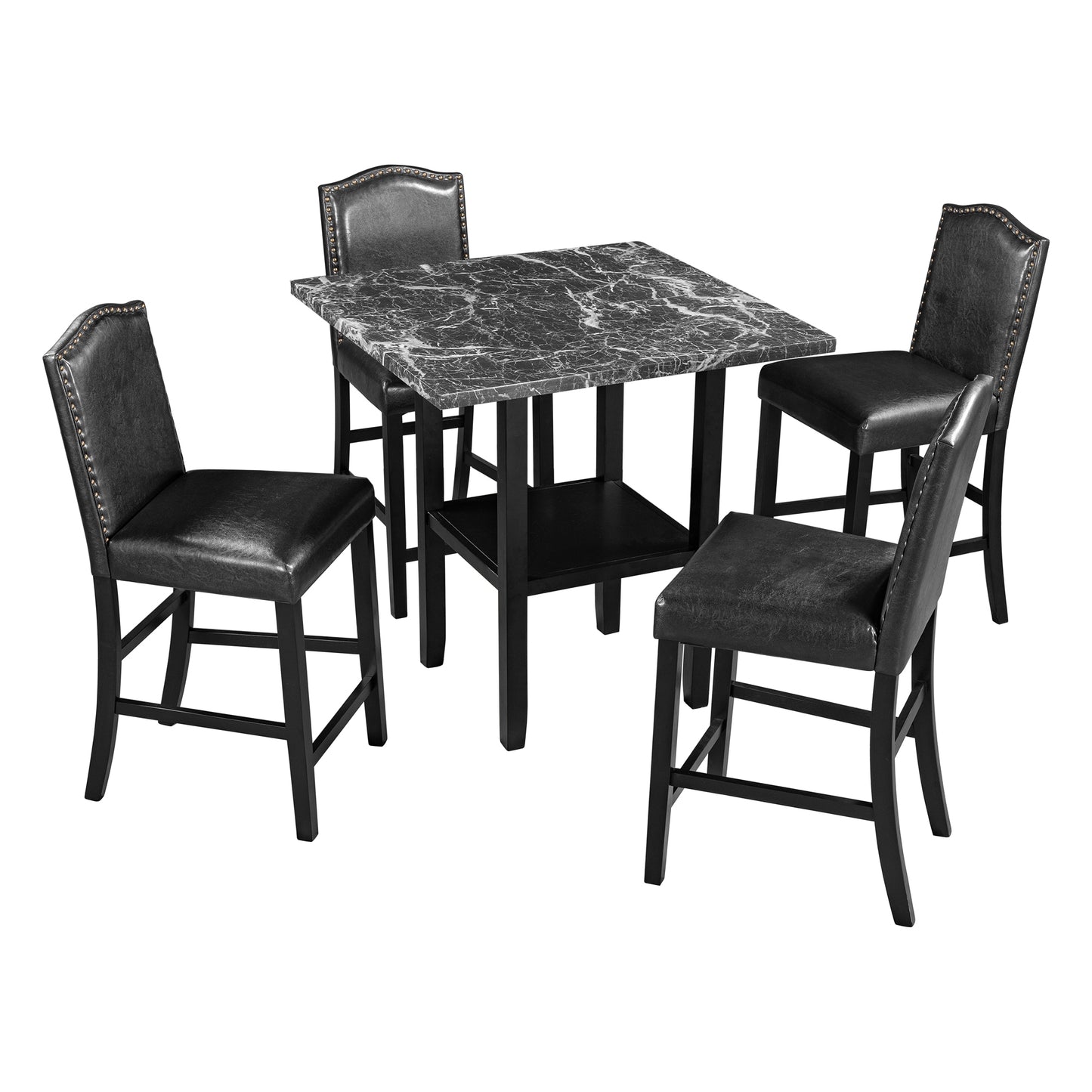 5 Piece Dining Set with Matching Chairs and Bottom Shelf for Dining Room, Black Chair+Black Table