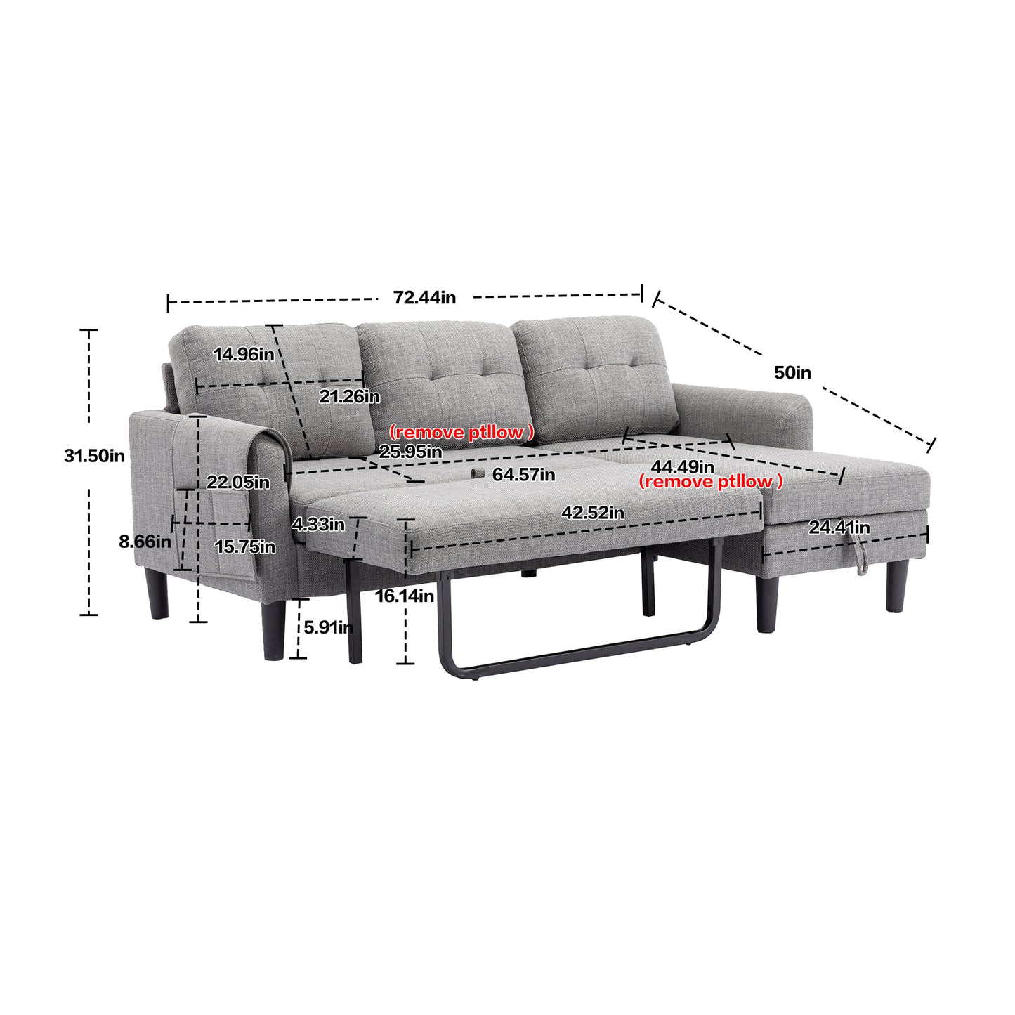 UNITED WE WIN Sectional Sofa Reversible Sectional Sleeper Sectional Sofa with Storage Chaise