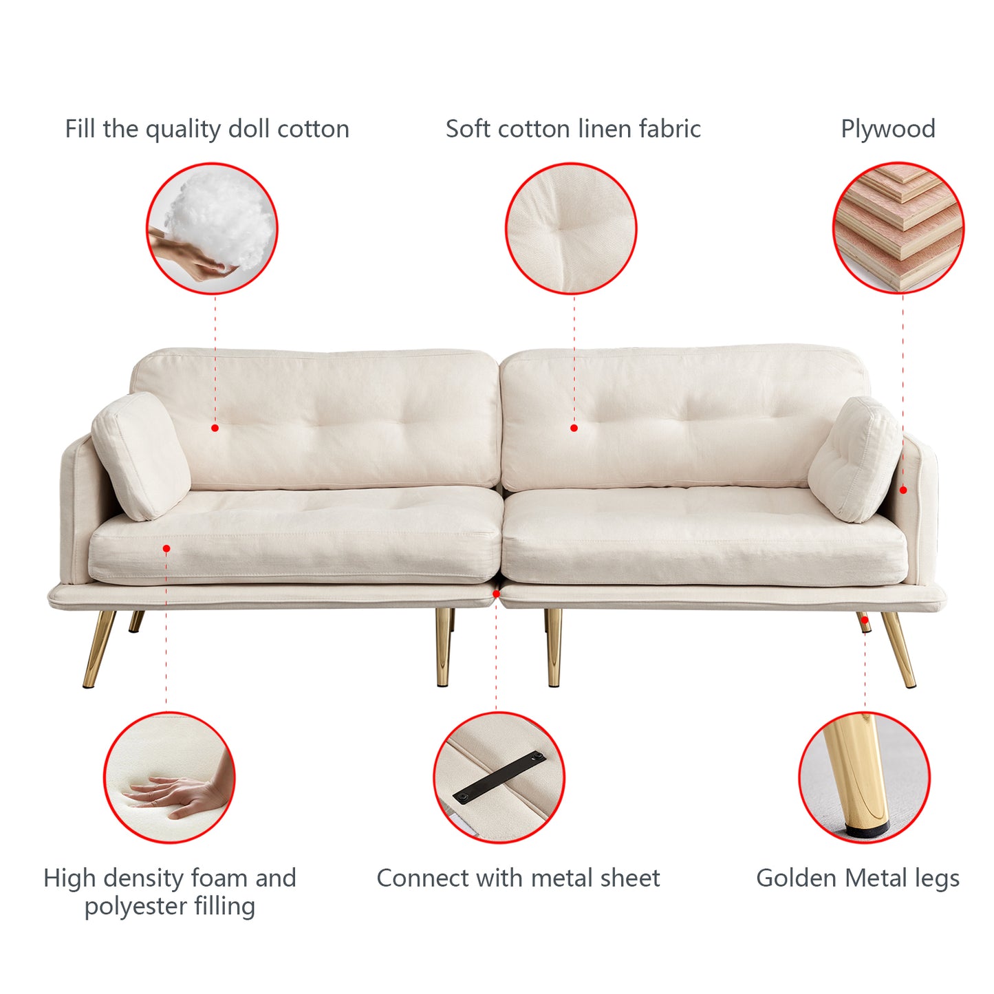 Beige 3-Seat Sofa with Gold Metal Legs and Cotton Linen Fabric